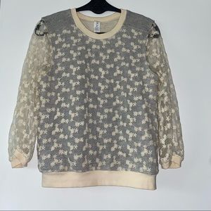 Anthropologie Amadi Daisy Lace Sheer Sleeves Sweatshirt